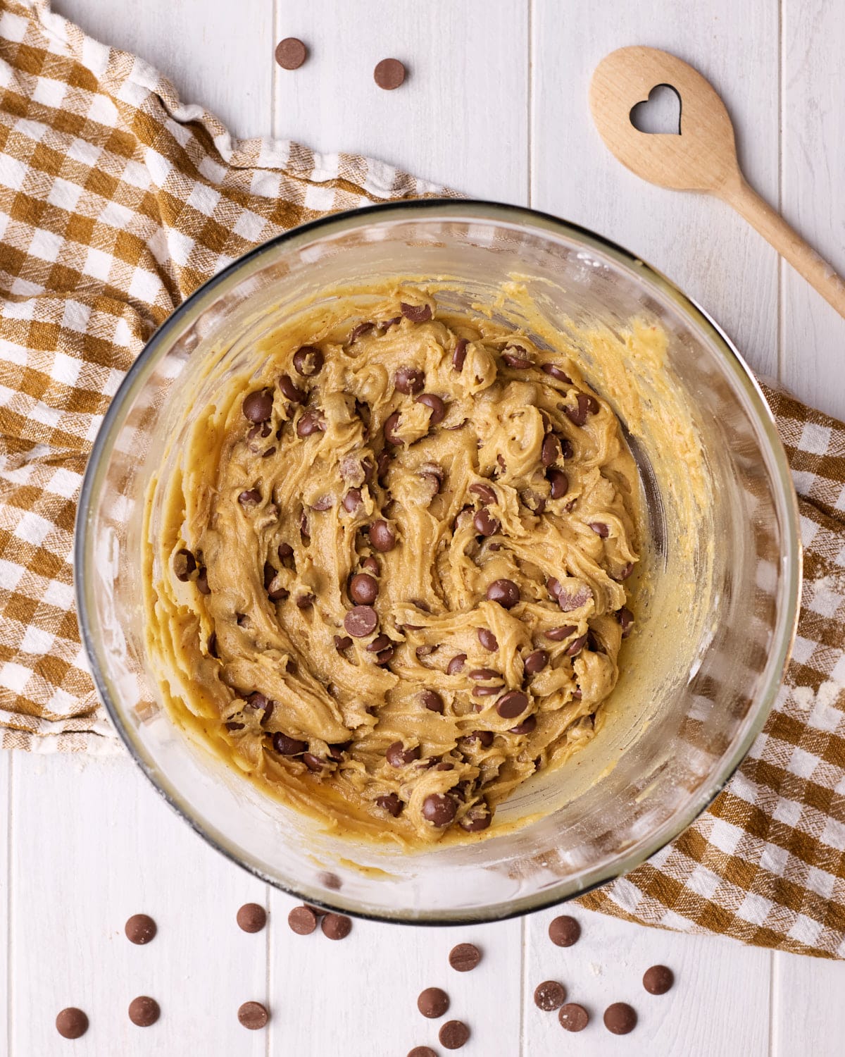 Brown butter chocolate chip cookie dough with chocolate chips mixed through it.