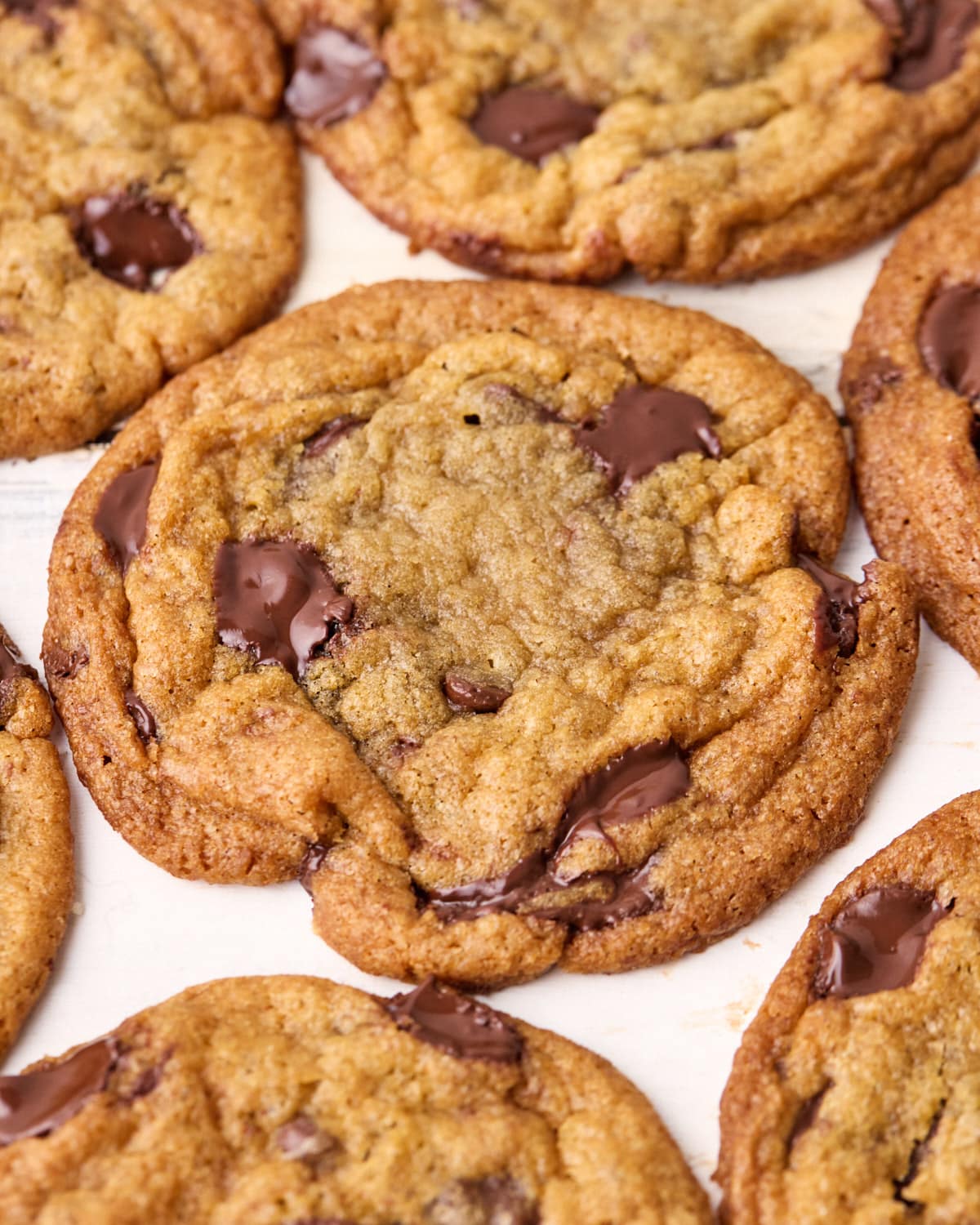 Close up of brown butter chocolate chip cookies, the chocolate is still melty and shiny.