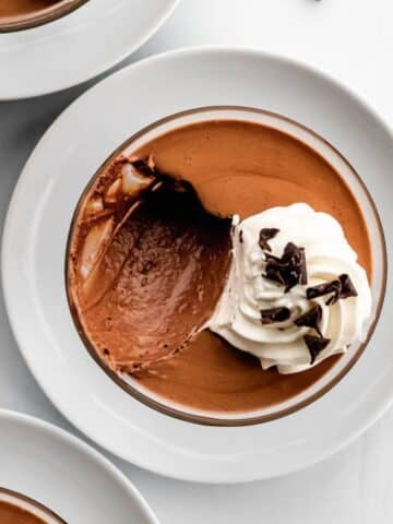 Baileys flavored chocolate mousse from above with a spoonful taken out of it.