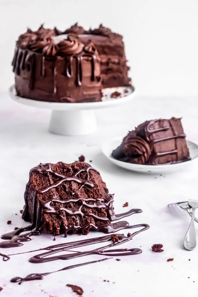 death by chocolate cake with melted chocolate ganache drizzled on top