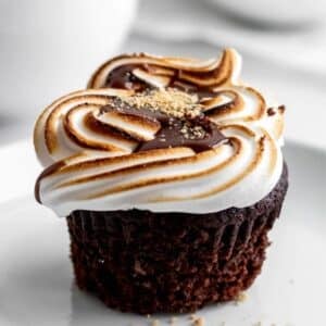 s'mores cupcake with marshmallow frosting and chocolate filling.