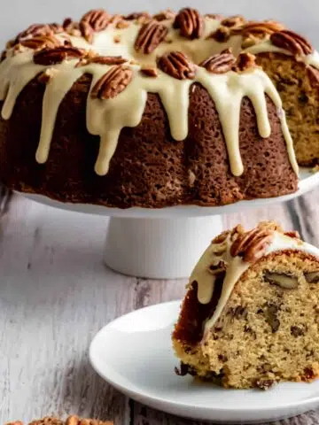 maple pecan bundt cake with maple cream cheese glaze.