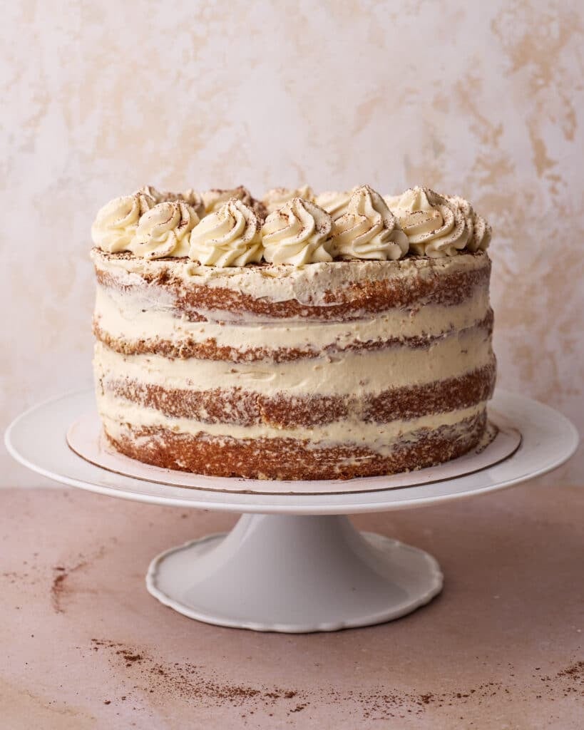 Tiramisu cake from the side to show the semi-naked look of the mascarpone cream. 