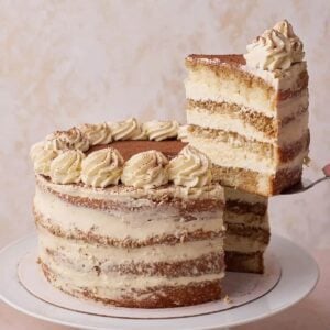 Tiramisu cake with a slice being taken out of it to show the layers of genoise sponge soaked in coffee and layered with mascarpone cream.