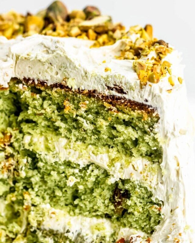 close up of pistachio cake, bright green sponge flavoured with real pistachios