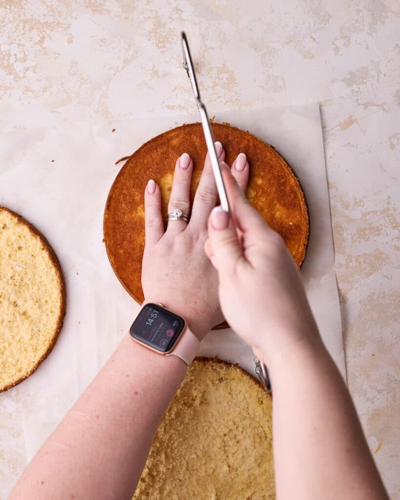 Torting a genoise sponge cake to make lovely thin cake layers.