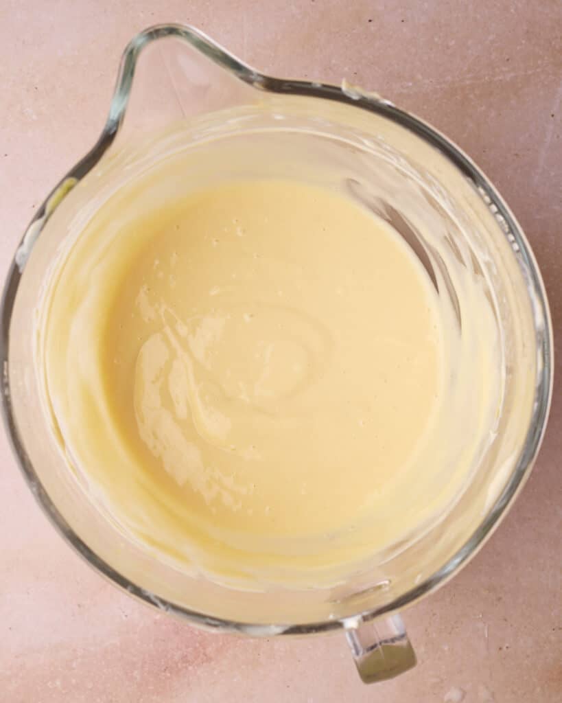 Consistency of cheesecake batter once eggs have been added.