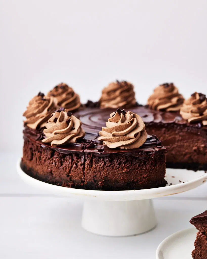 whole chocolate cheesecake from the side