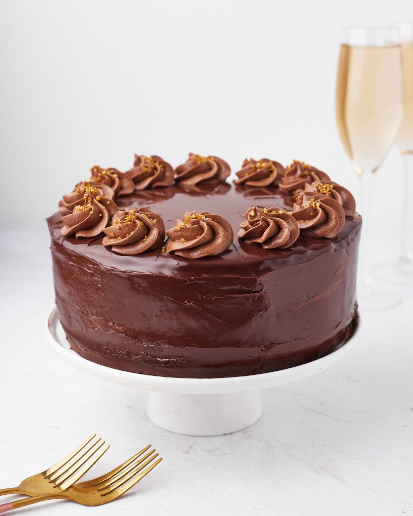 Chocolate German Layer Cake with Poured Ganache