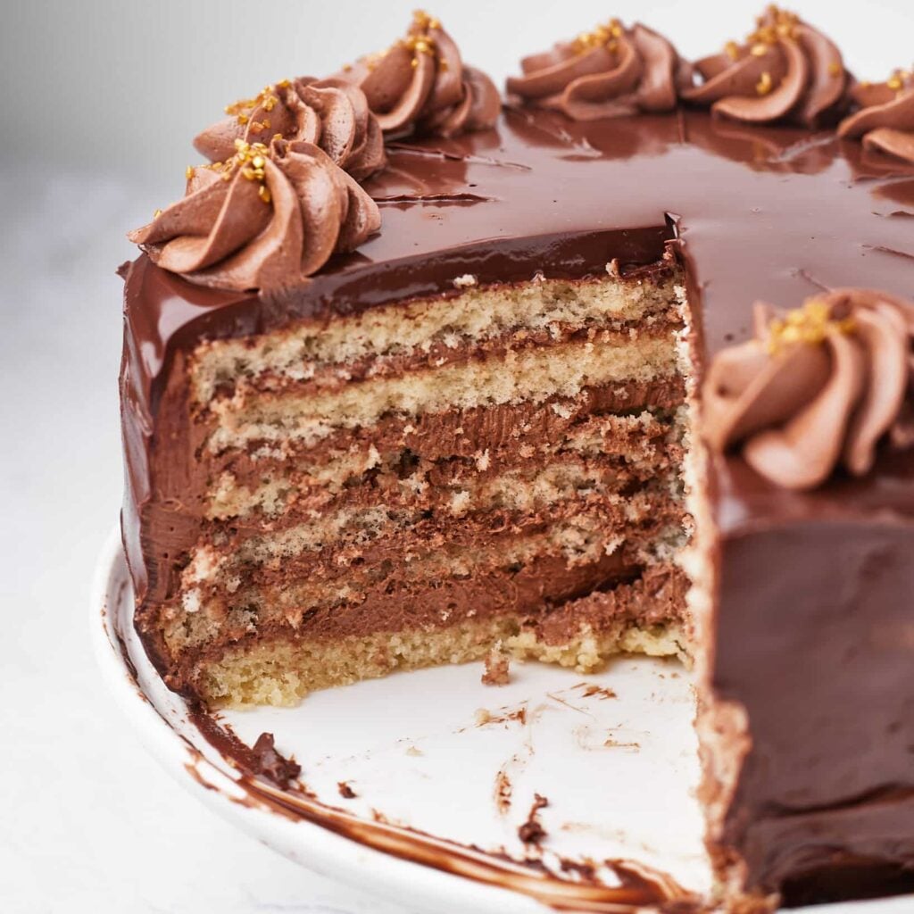 Prinzregententorte (german layer cake) with a slice cut out of it to show the seven layers of cake and buttercream inside.
