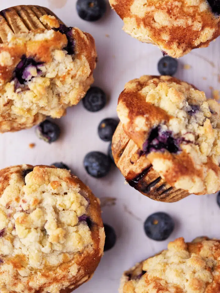 five blueberry cream cheese muffins from overhead