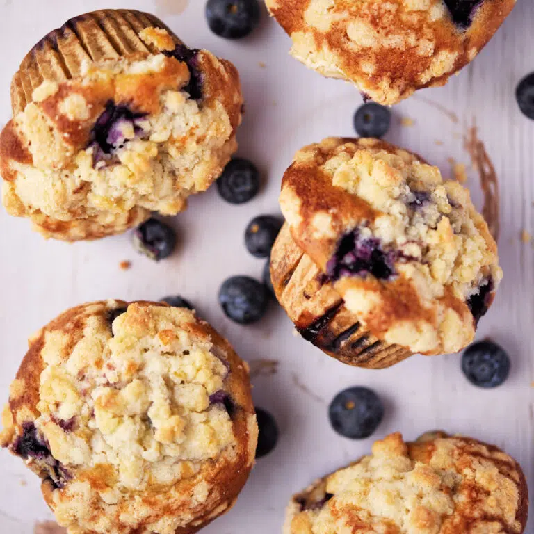 five blueberry cream cheese muffins from overhead