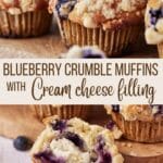 blueberry crumble muffins cut in half to show cream cheese filling