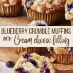 blueberry crumble muffins cut in half to show cream cheese filling