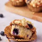 blueberry muffin slightly out of its wrapper