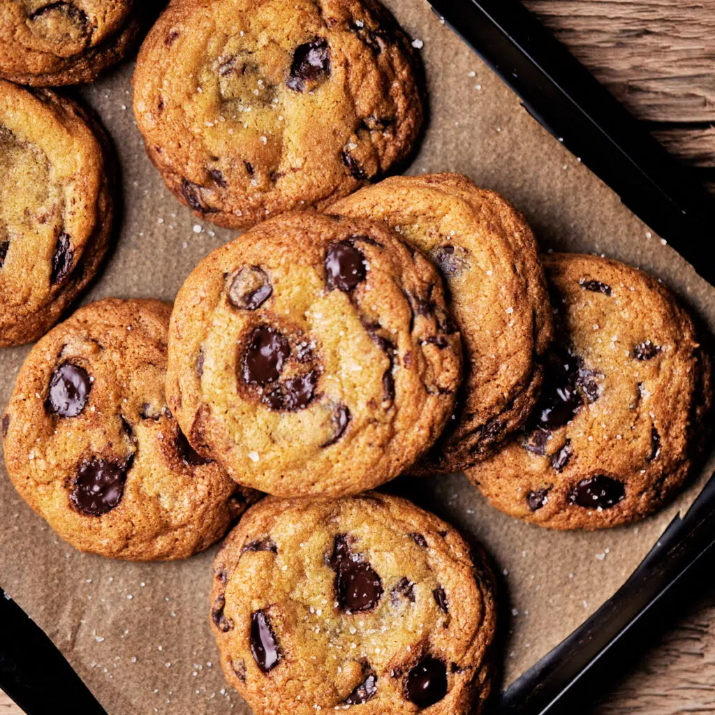 Top down view of dark chocolate and sea salt cookies on a baking tray.