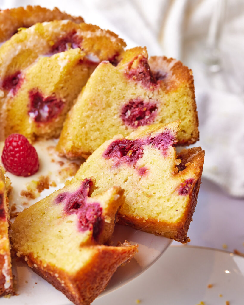 close up slices of lemon raspberry bundt cake