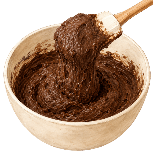 Bowl of chocolate cake batter that is thick and stodgy.