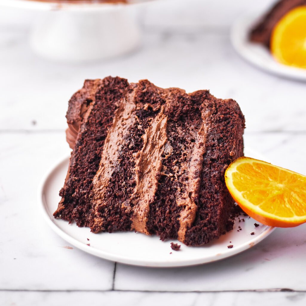 slice of chocolate orange cake with chocolate orange filling