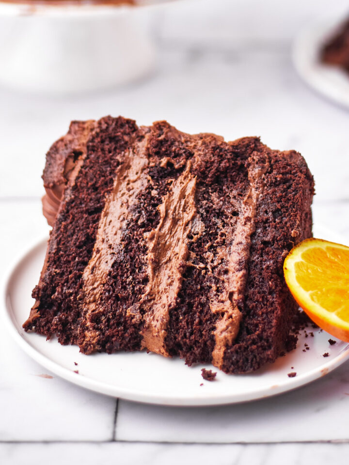 slice of chocolate orange cake with chocolate orange filling