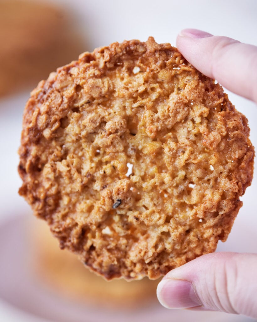 close up of the lacy pattern on swedish oatmeal cookies. 