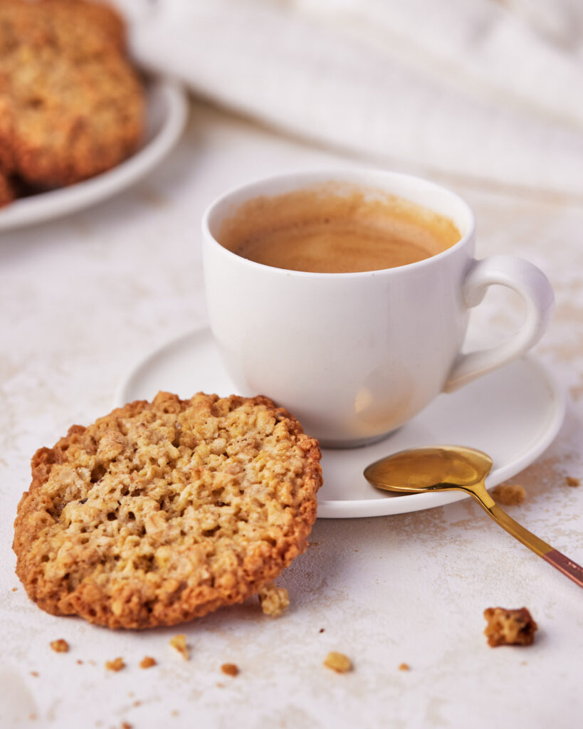 swedish oatmeal cookie with a small cup of espresso. 