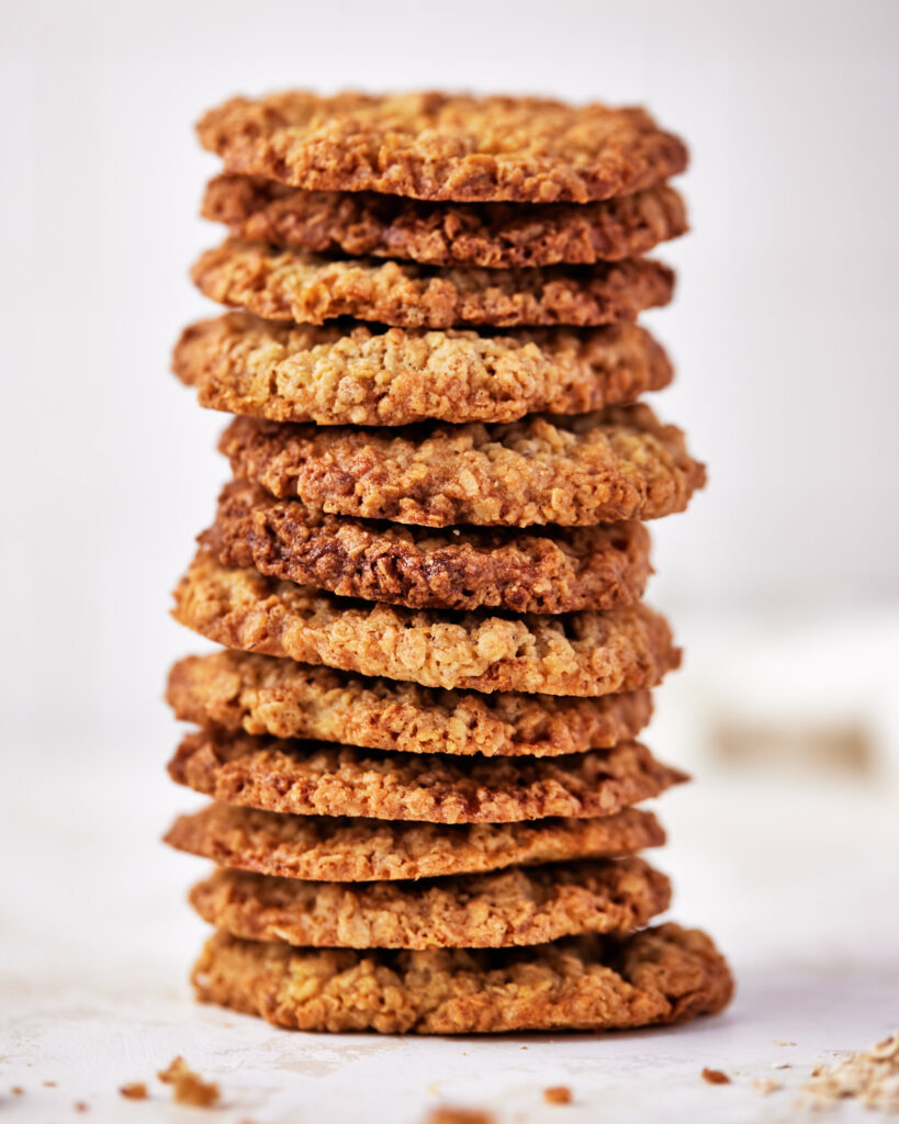 tall stack of oatmeal cookies. 