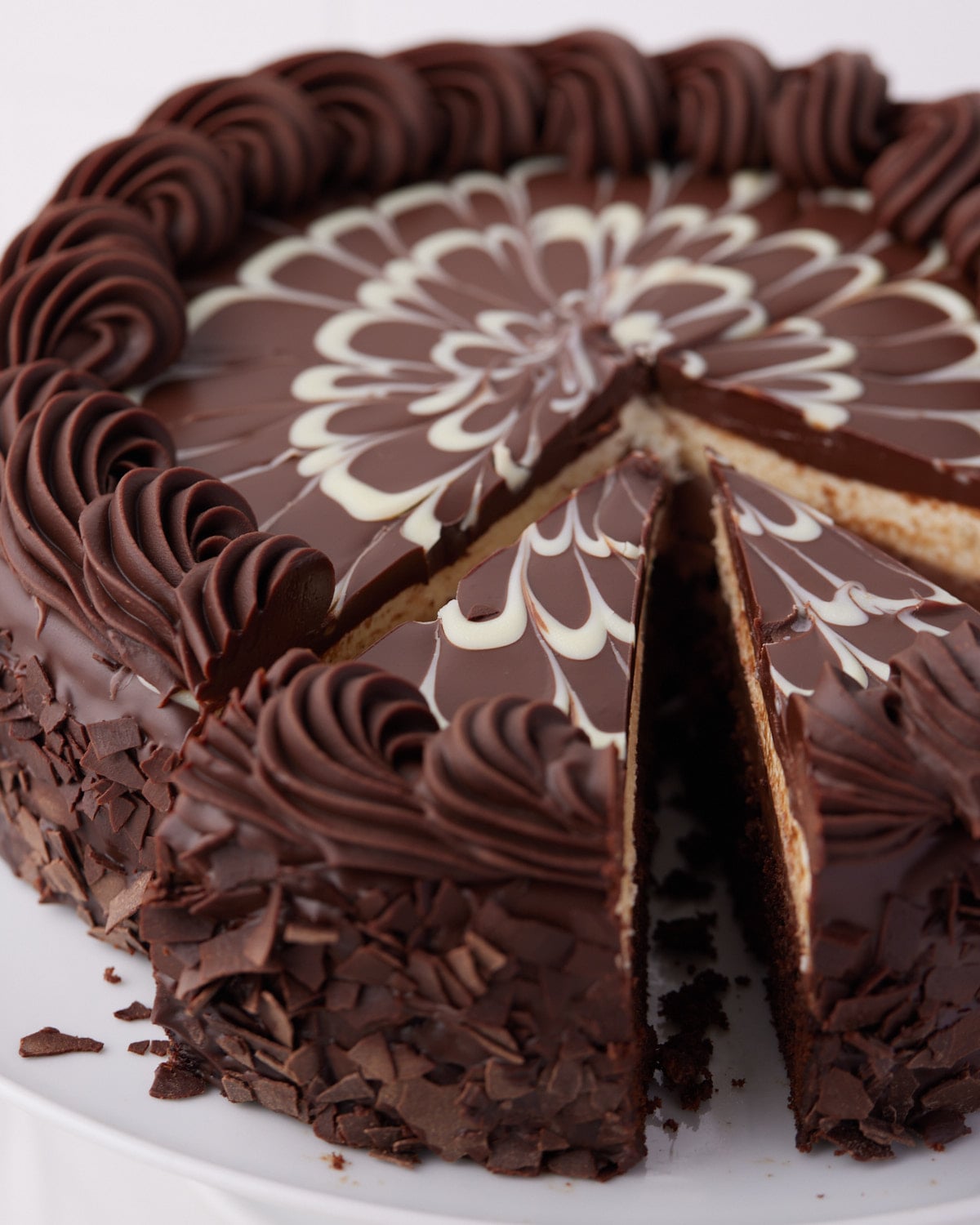 close up of slice of black tie mousse cake slices.