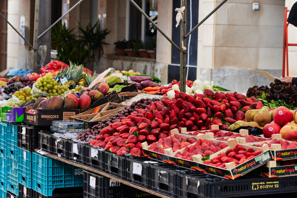 fresh fruits at food market in mallorca.