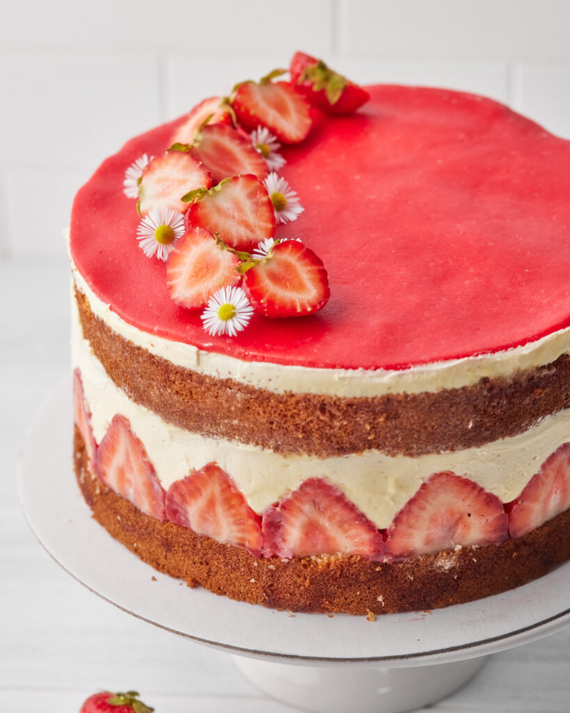 close up of fraisier cake - french strawberry cake.