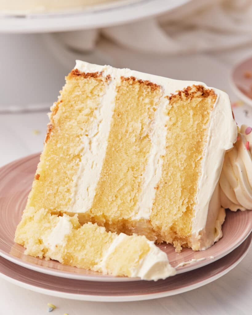 close up of french vanilla cake with perfect texture.