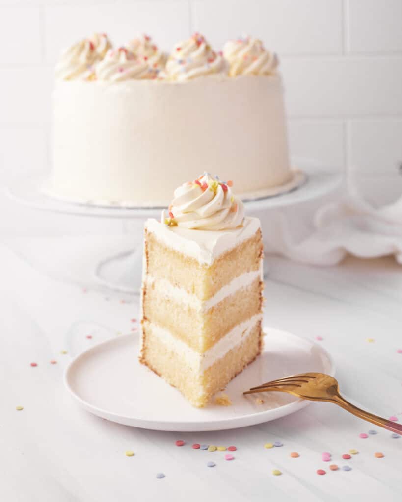 Single slice of french vanilla cake facing forward.