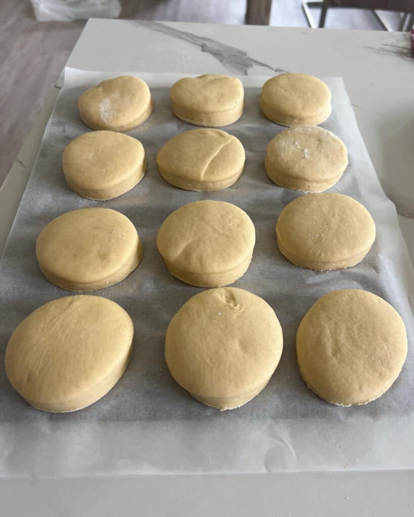 Risen donuts ready to be fried.