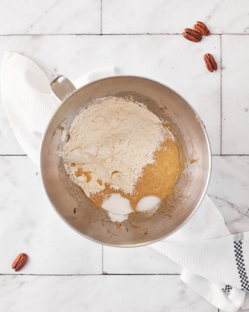 process shot of brown butter pecan cookies - dry ingredients.