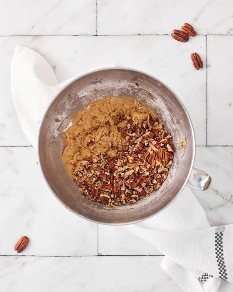 process shot of brown butter pecan cookie dough.