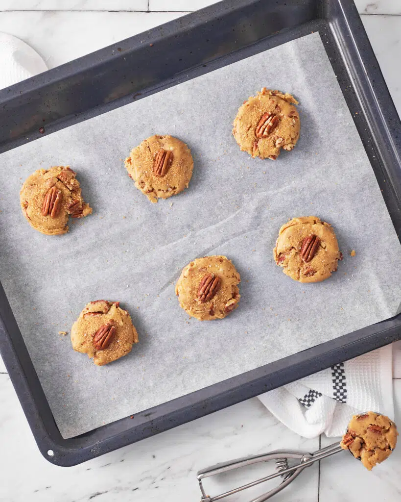 brown butter pecan cookie dough ready for baking.