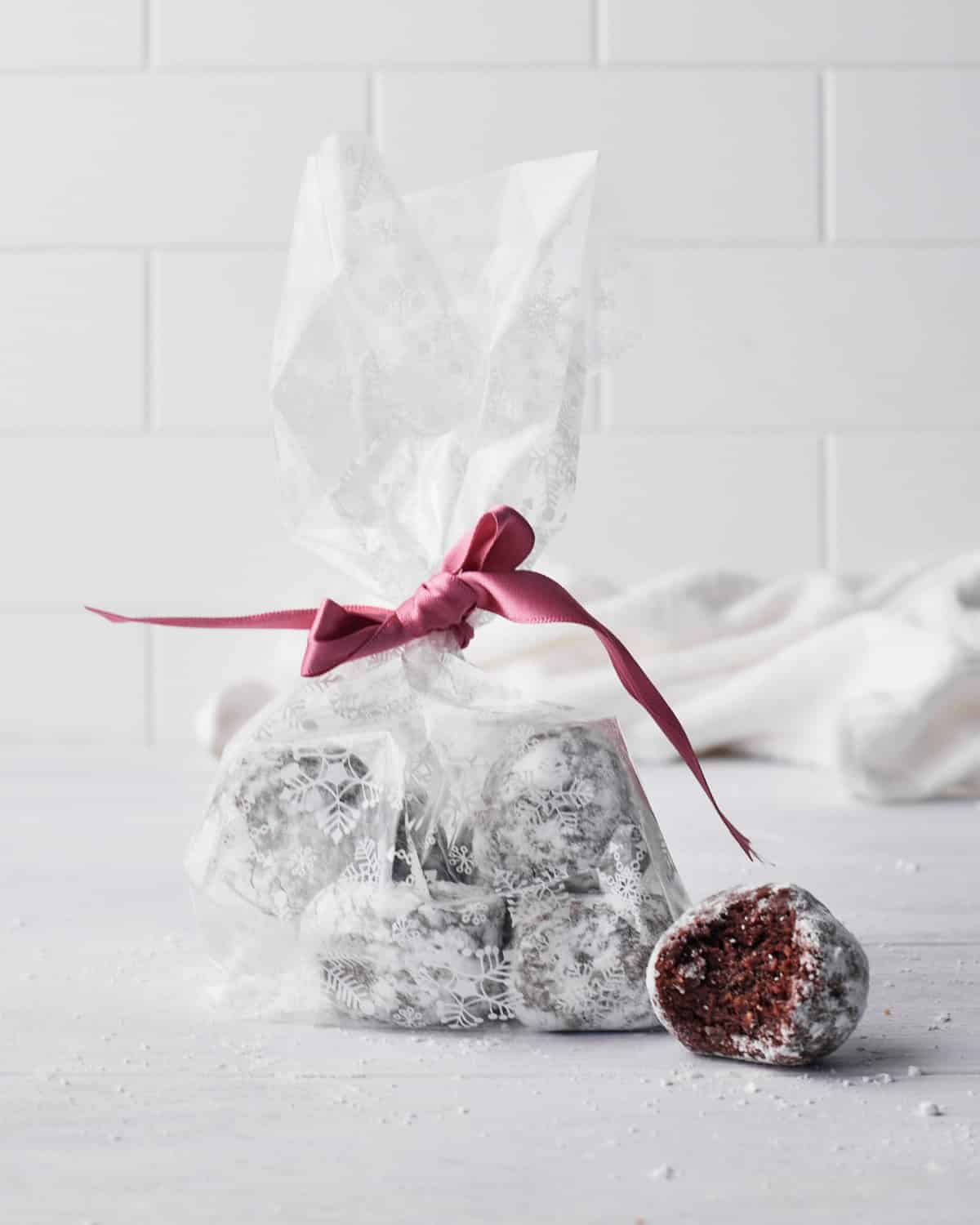 chocolate balls wrapped up in ribbon as a homemade gift.