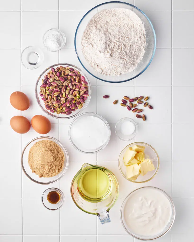 overhead shot of ingredients for pistachio muffins.