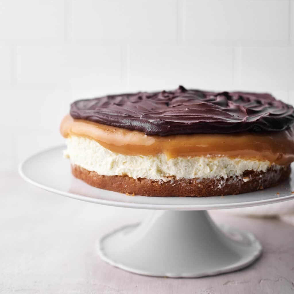 Millionaires cheesecake on a cake plan.