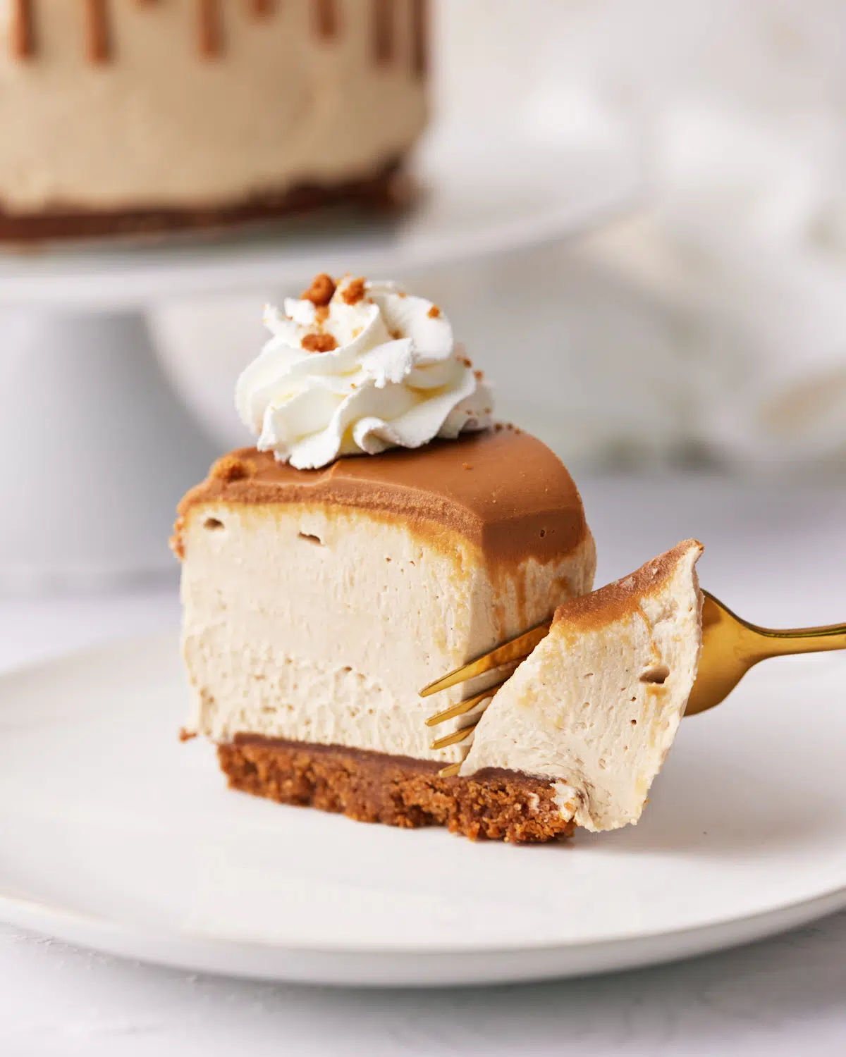 slice of biscoff cheesecake being eaten.