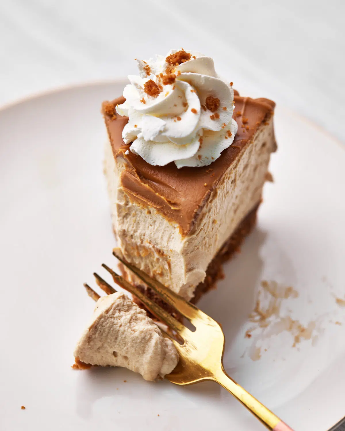 slice of lotus biscoff cheesecake being eaten.