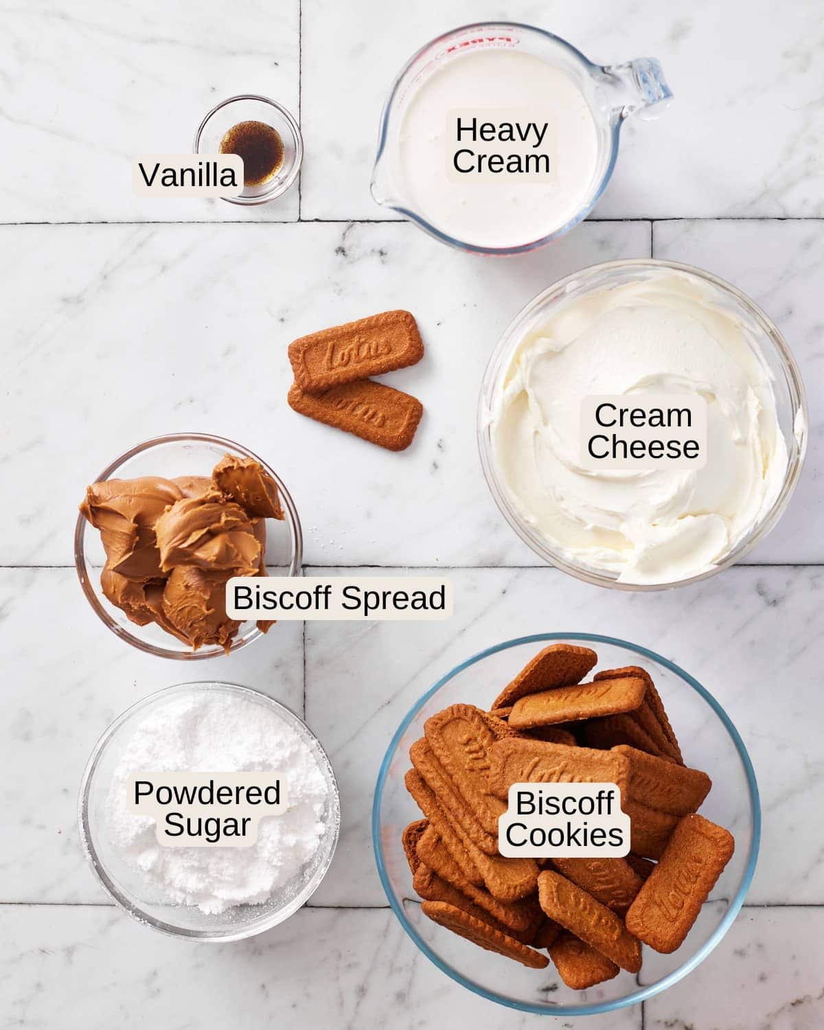 Labelled ingredients for biscoff cheesecake, including vanilla, heavy cream, cream cheese, biscoff spread, biscoff cookies and powdered sugar.