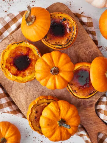 pumpkin creme brulee in mini pumpkins.