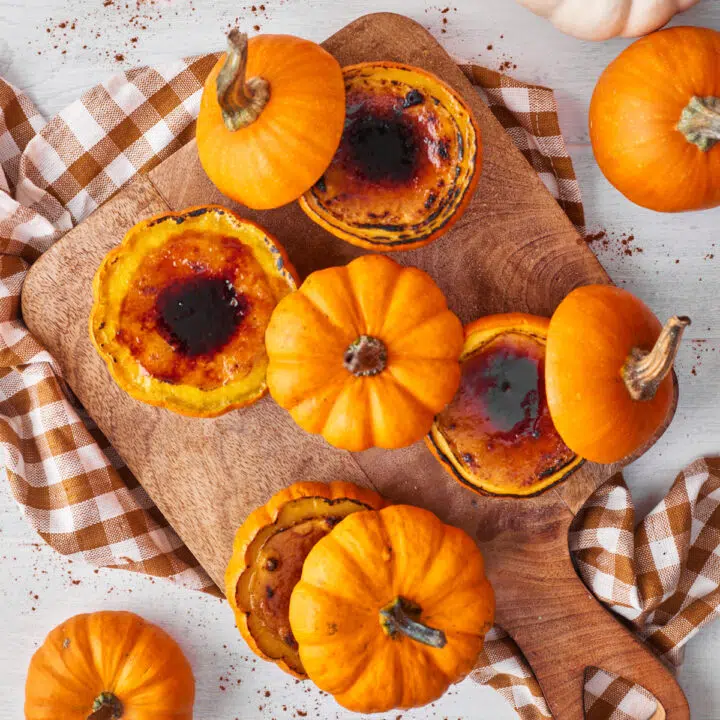 pumpkin creme brulee in mini pumpkins.