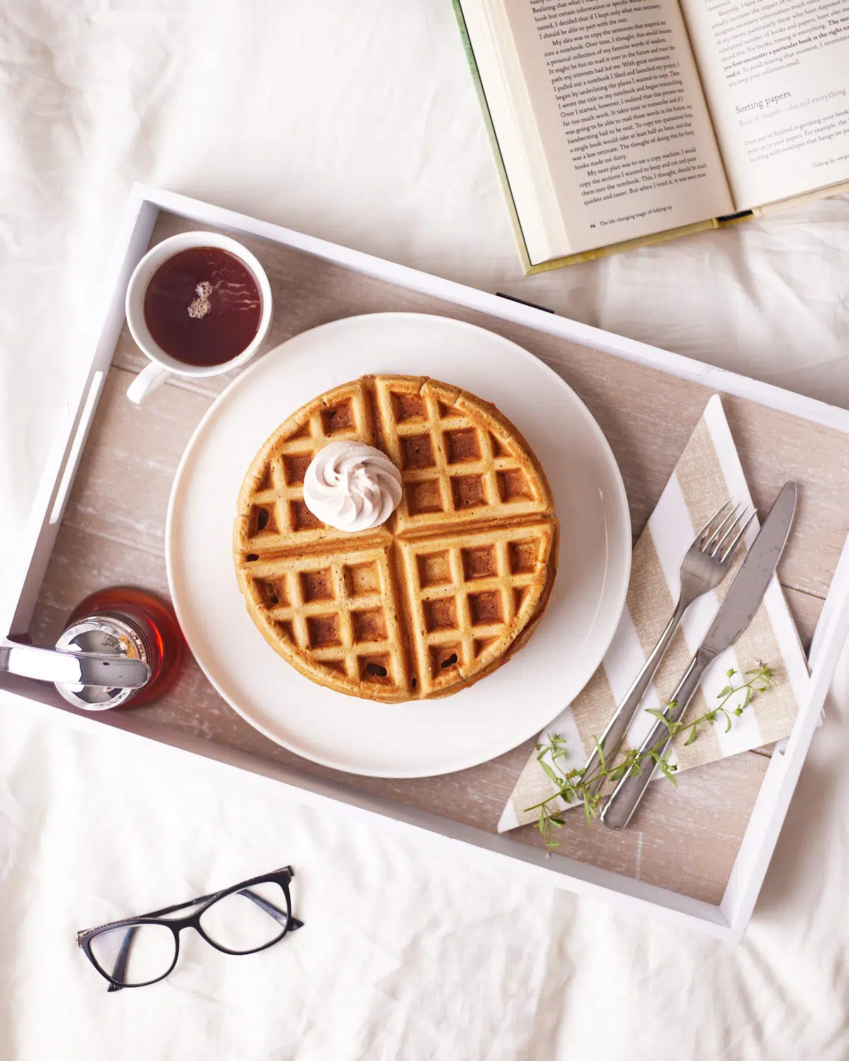 top down view of cinnamon waffles in bed.