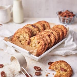 coconut pecan cookies in a little wooden crate.