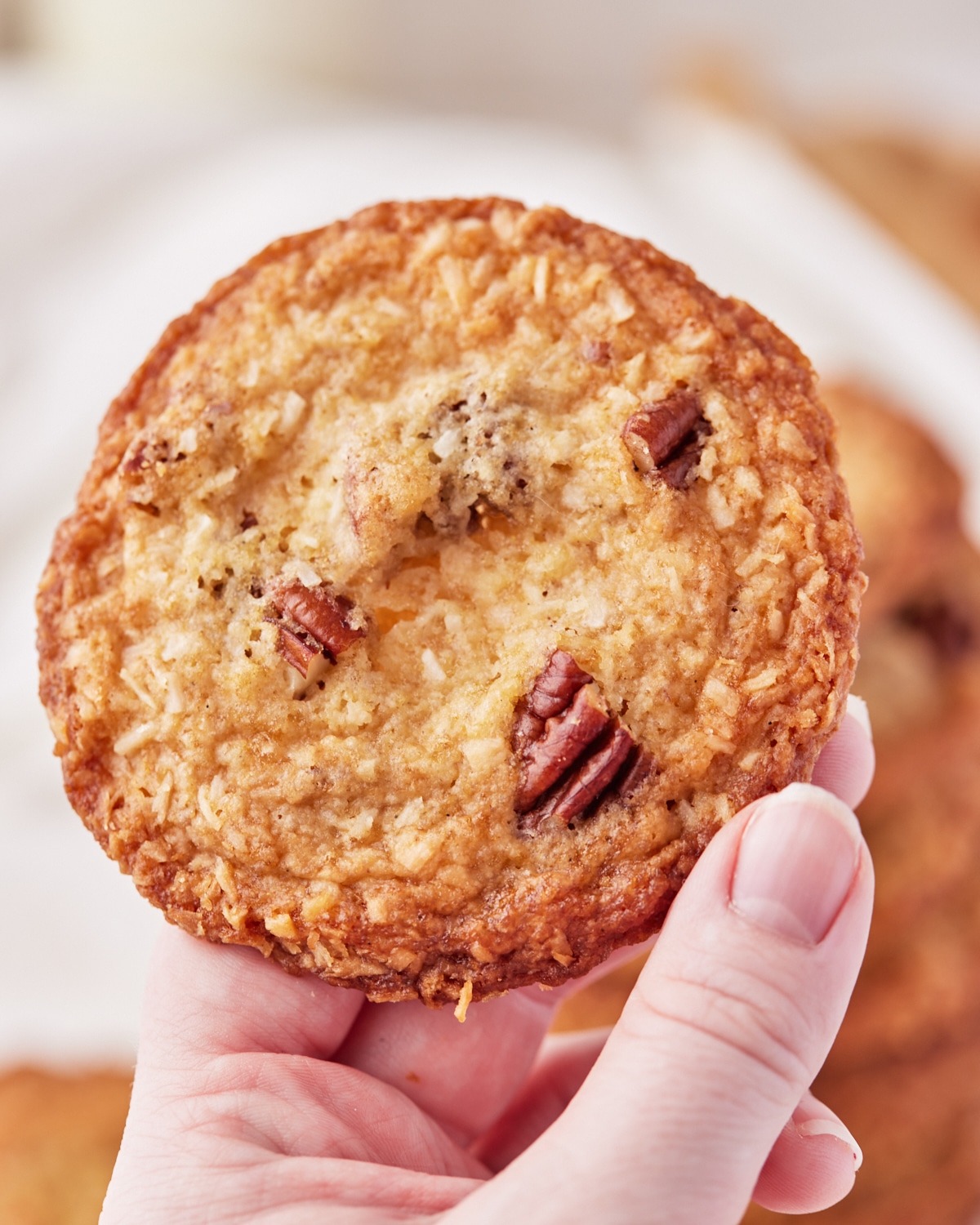 close up of a coconut pecan cookie. 