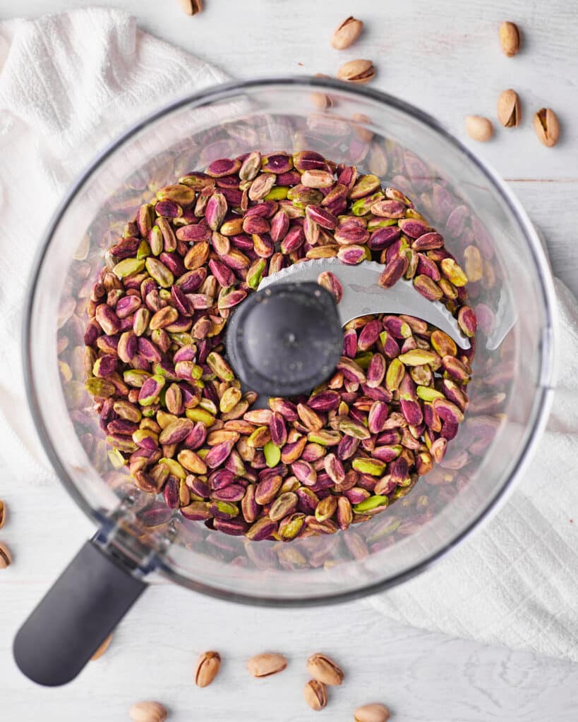 pistachios in a food processor to make pistachio butter