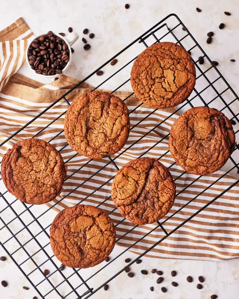 coffee cookies cooling on a wire rack.