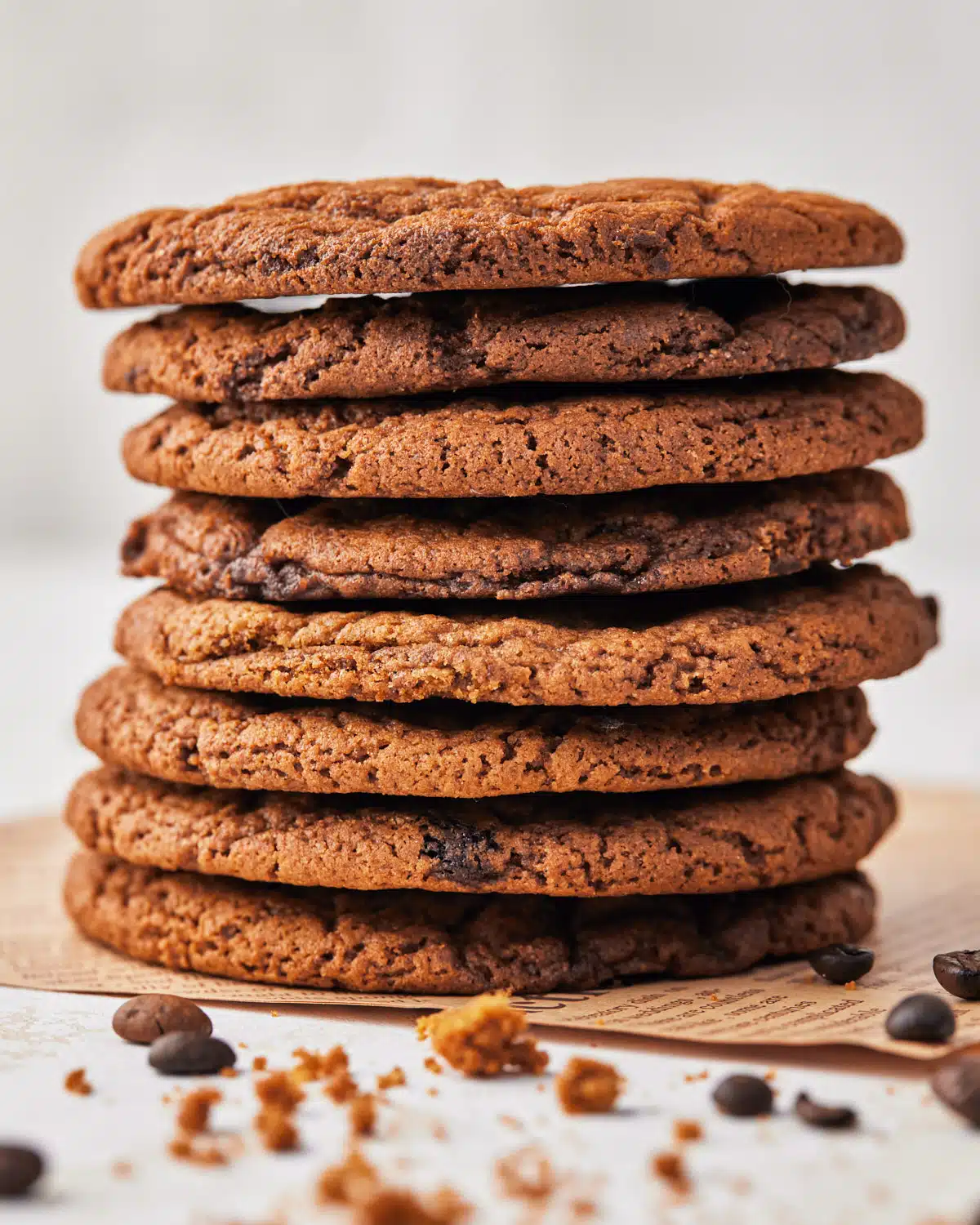 tall stack of coffee cookies. 